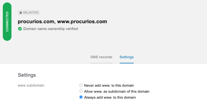 A screenshot of the settings to allow subdomains without www