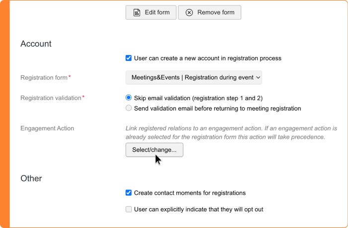 Screenshot of selecting an engagement action with a meeting