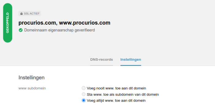 Een schermafbeelding van het toestaan van subdomeinen zonder www