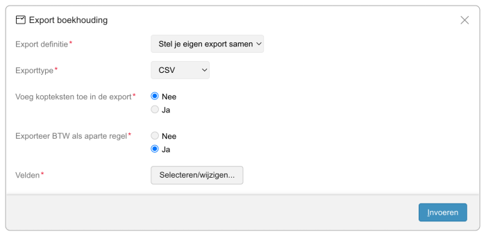 Een schermafbeelding van het samenstellen van een export voor de boekhouding