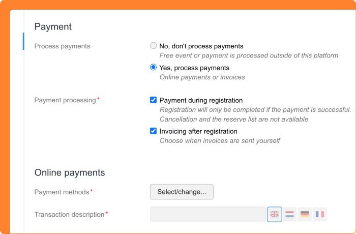 Screenshot of selecting the timing of payments for a meeting