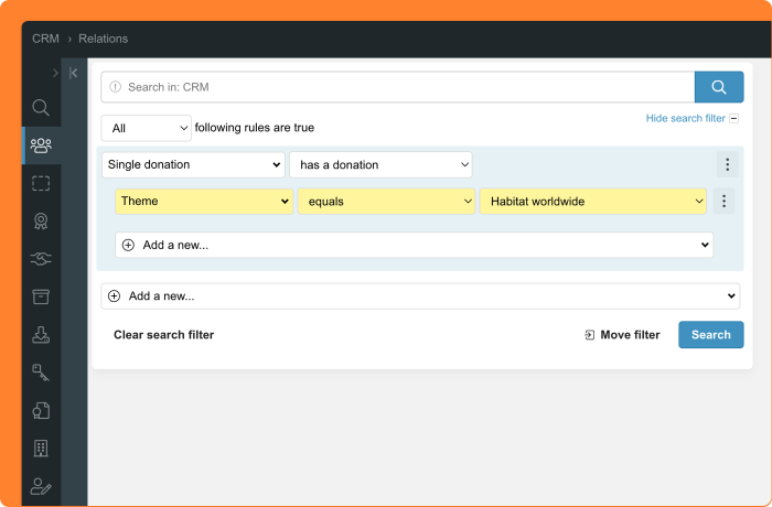 Screenshot of filtering a donation by theme in the CRM