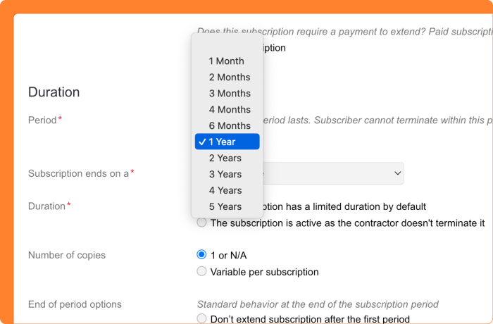 Screenshot of subscriptions with a fixed term