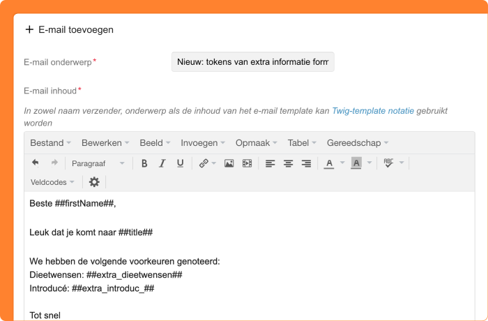 Schermafbeelding van veldcodes voor extra informatie in de email