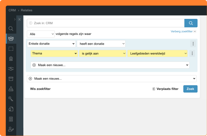 Schermafbeelding van het filteren op donatie thema in het CRM