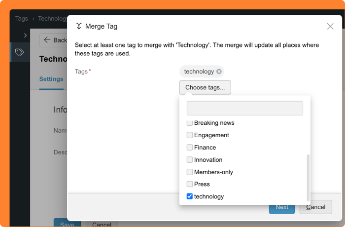 Screenshot from the 'merge tags' option in Procurios