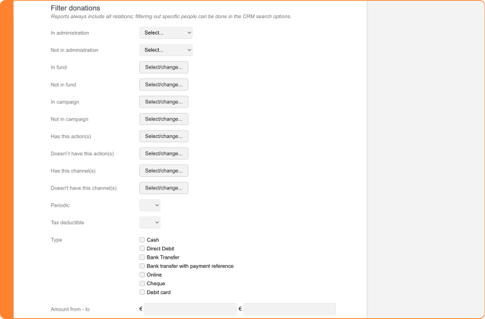 Screenshot of the report-function in Donations from Procurios