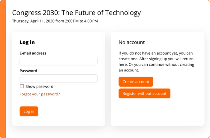 Screenshot: Register without an account in Procurios