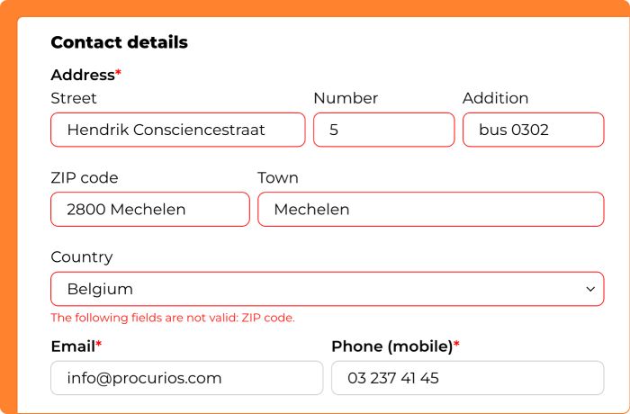 Screenshot of postal code check in Procurios