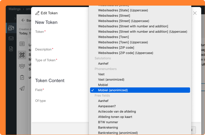 Screenshot of selecting an anonimized phone number token in mailings