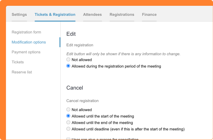 Screenshot of moved settings in Meetings & Events from Procurios