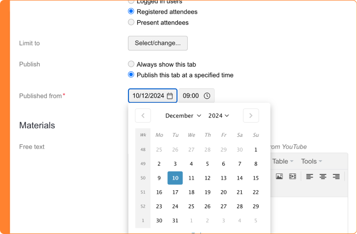 Screenshot of specifying when the materials tab of a meeting should be published