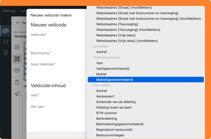 Schermafbeelding van de veldcode voor een geanonimiseerd telefoonnummer