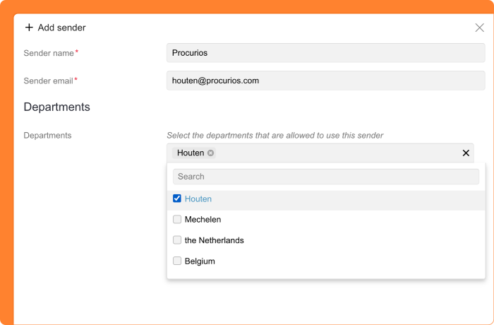 Screenshot of adding senders and linking them to departments