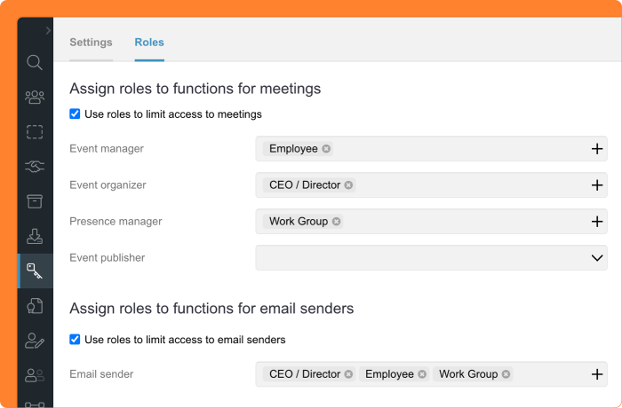 Screenshot of assigning roles to functions for meetings and email senders